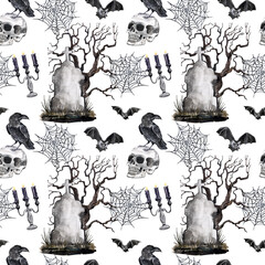 Vintage style Halloween print. Goth seamless paper with watercolor skull, raven, tombstone, dead tree, candles on white background. Dark spooky print.