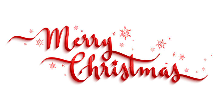 MERRY CHRISTMAS red vector brush calligraphy banner with snowflakes and swashes on white background