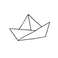 Paper boat. Children's paper craft. Origami. Vector. Doodle. Hand-drawn illustration. Silhouette. Black and white outline. Coloring.