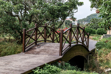 Fototapeta na wymiar A small wooden bridge in the park
