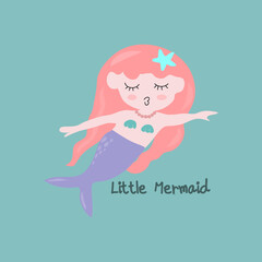cute little mermaid with little mermaid english letters on green background Use for children's art, cards, wallpapers.