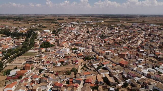 Forward aerial view of the town of Casasimarro in Cuenca Spain
