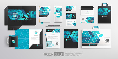 Realistic office stationary with corporate identity mockup set. Black and blue corporate Identity with abstract geometric graphics design on branding Mock-up set. Office items and objects - obrazy, fototapety, plakaty