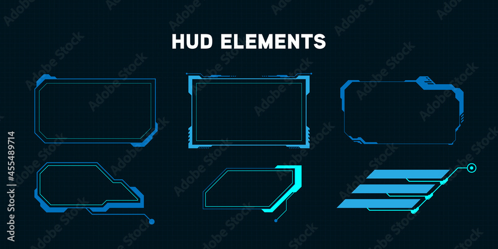 Poster hud futuristic elements set with virtual hi scifi technology gadget interface for game app ui illust