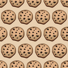 Vector illustration of a cute seamless pattern, background with chocolate cookies. The icon of a freshly baked chocolate cookie. Packaging paper. The pattern.