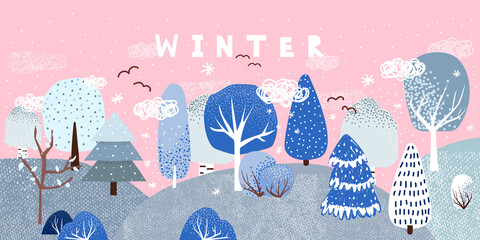 Snowy winter landscape. Cute Christmas poster. Vector scandinavian hand drawn illustration.  - 455491599