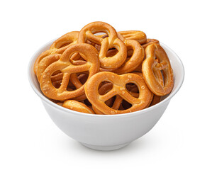 Salted pretzels in bowl isolated on white background 