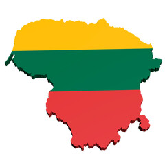 Fototapeta premium 3D model of the map of Lithuania in the colors of the national flag on a white background. Isolated. Layout. Rendering