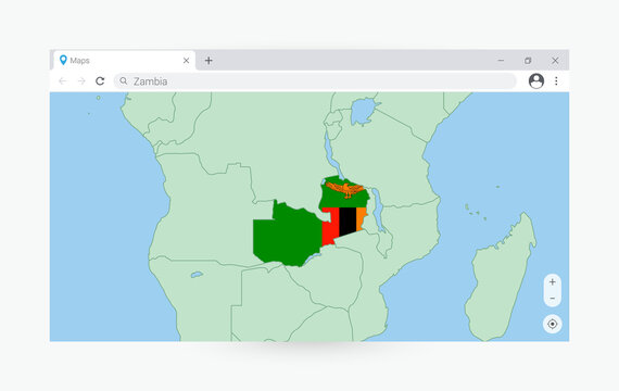 Browser window with map of Zambia, searching  Zambia in internet.