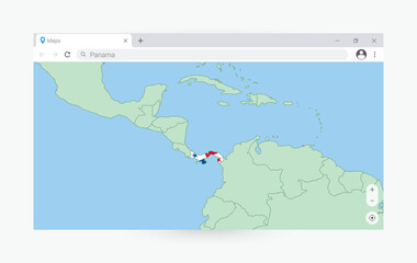 Browser window with map of Panama, searching  Panama in internet.