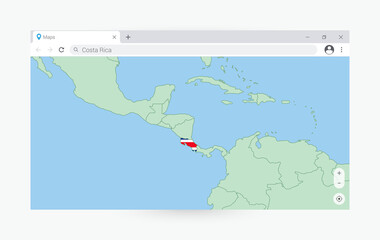 Browser window with map of Costa Rica, searching  Costa Rica in internet.