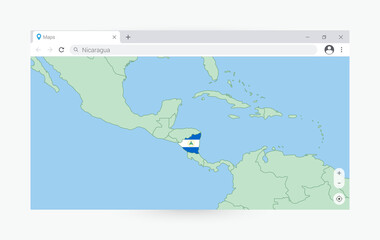 Browser window with map of Nicaragua, searching  Nicaragua in internet.