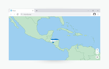 Browser window with map of Honduras, searching  Honduras in internet.