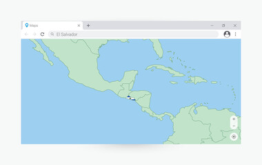 Browser window with map of El Salvador, searching  El Salvador in internet.