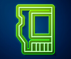 Glowing neon line SD card icon isolated on blue background. Memory card. Adapter icon. Vector