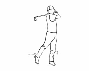 Continuous one line drawing of man practicing golf in silhouette on a white background. Linear stylized.