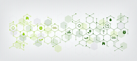Sustainable business or green business illustration background with connected icons concept related to environmental protection and sustainability. with hexagonal shape
