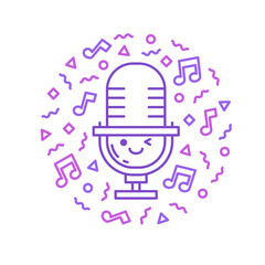 Linear vector illustration of cute microphone character. Podcast concept for online radio or mobile app. Editable stroke