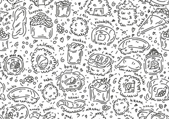 Sushi rolls vecto seamless pattern, seafood illustration: philadelphia, maki and nigiri, yummi japanese food with salmon and shrimp, cute doodle art for sushi bar, cafe and delivery, asian cuisine