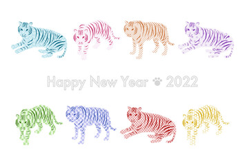 Fototapeta na wymiar 2022年寅年 年賀状イラスト: 謹賀新年 虎と和柄 カラフル