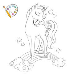 Art. Coloring page.  Hand drawn illustration of cute little unicorn .Fashion illustration drawing in modern style. Silhouette. Colorbook.  Isolated .Children background. Magic pony. Sketch animals.