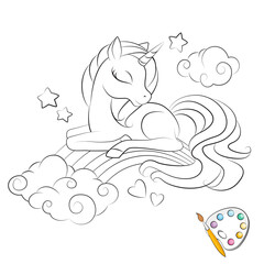 Art. Coloring page.  Hand drawn illustration of cute little unicorn .Fashion illustration drawing in modern style. Silhouette. Colorbook.  Isolated .Children background. Magic pony. Sketch animals. - 455495770