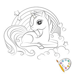 Art. Coloring page.  Hand drawn illustration of cute little unicorn .Fashion illustration drawing in modern style. Silhouette. Colorbook.  Isolated .Children background. Magic pony. Sketch animals. - 455495772