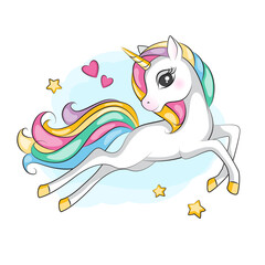 Beautiful illustration of cute flying magical unicorn with mane rainbow colors. Hand drawn picture for your design.
