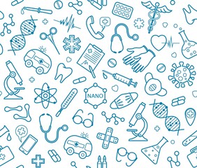 Medical seamless pattern. Background template for medicine and health care. Line medical icons and symbols. Isolated. Vector