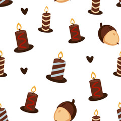 Autumn pattern with acornes, candles and hearts in flat style. Vector stock illustration
