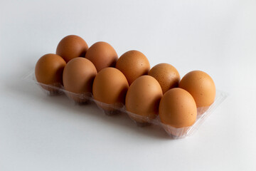 Ten eggs in the egg holder on a white background