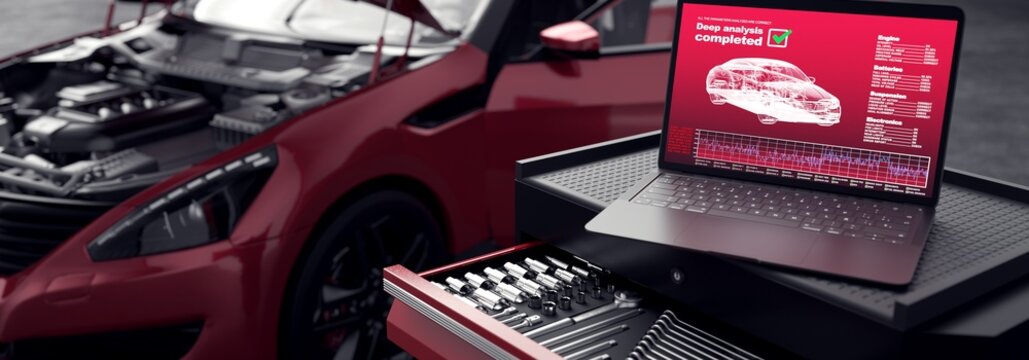 Analysis and maintenance of vehicles. Computer analyzing a car. 
