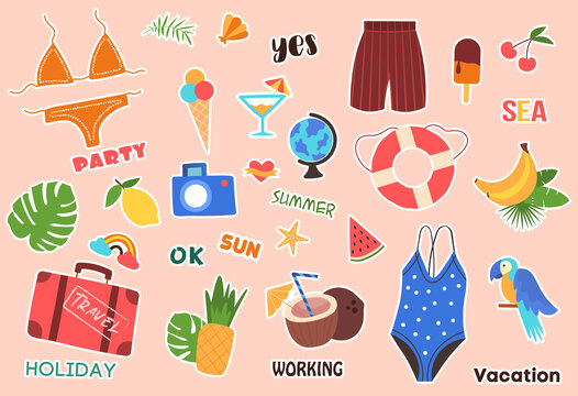 Summer stickers and posters. Pictures with accessories for good holiday, items related to hot season. Swimsuit, suitcase, lemon, pineapple, parrot. Vector illustrations isolated on pink backdrop