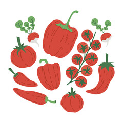 Hand drawn red vegetables. Healthy lifestyle doodle vegetables, tomato and pepper vector illustration set. Delicious vegetarian organic vitamins food