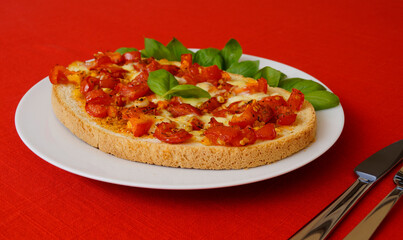 delicious large Italian bruschetta with mozzarella, garlic, olive oil and basil leaves on a plate