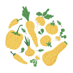 Yellow vegetables. Hand drawn doodle vegetables, squash, tomato, pepper vector illustration symbols set. Healthy lifestyle delicious vegetarian organic vitamins food