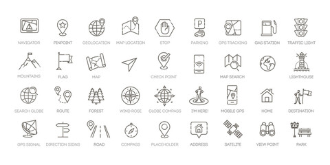Navigation, location, GPS elements - thin line web icon set