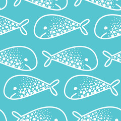 White fish whale on a blue background, seamless pattern for fabric cover, packaging design. Marine pattern simple childrens flat illustration