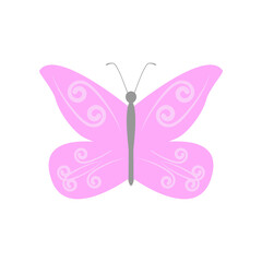 Hand drawn beautiful pink butterfly isolated on white background. Cartoon clip art of insect. Cute vector illustration. Icon in flat style. For packaging, wrapping, sticker, print, textile