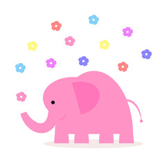 Cute smiling elephant tossing up bright colored flowers on white background. Pretty vector illustration. For greeting card, poster, banner, packaging, phone case
