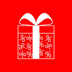 Bright sale banner. White closed gift box with percents and bow on red background. Icon of present. Vector illustration for promo, promotion, ad, offer, discount, social media