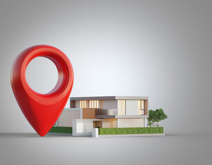 Modern house with location pin icon on white background in real estate sale or property investment concept. Buying land for new home. 3d illustration of big red map pointer symbol near small building.