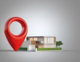 Fotobehang Modern house with location pin icon on white background in real estate sale or property investment concept. Buying land for new home. 3d illustration of big red map pointer symbol near small building. © terng99