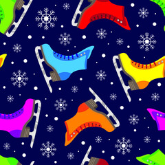 Colorful ice figure skate shoes and snowflakes flat design on dark blue background seamless pattern. Vector illustration.