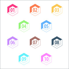 Colorful info-graphic numbers can be use to create presentation. Bullet points numbers one to ten. Colorful shape vector numbers.
