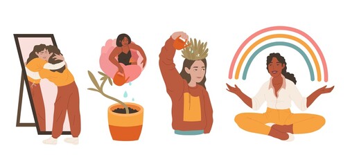 Cartoon flat self care concept. Mental health, psychology vector concept. Isolated vector design. Health care.