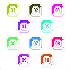 Colorful info-graphic numbers can be use to create presentation. Bullet points numbers one to ten. Colorful shape vector numbers.