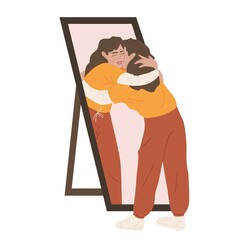 A woman embraces herself in the mirror. Emotional intelligence. Psychological concept. Mental health, psychology. Isolated vector design. Mind concept.