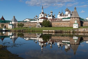 View of Russian Orthodox Monastery and White Sea. Bolshoy Solovetsky Island. Russia.