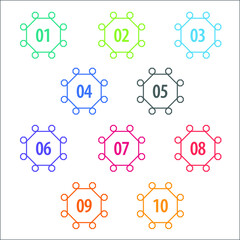 Colorful info-graphic numbers can be use to create presentation. Bullet points numbers one to ten. Colorful shape vector numbers.